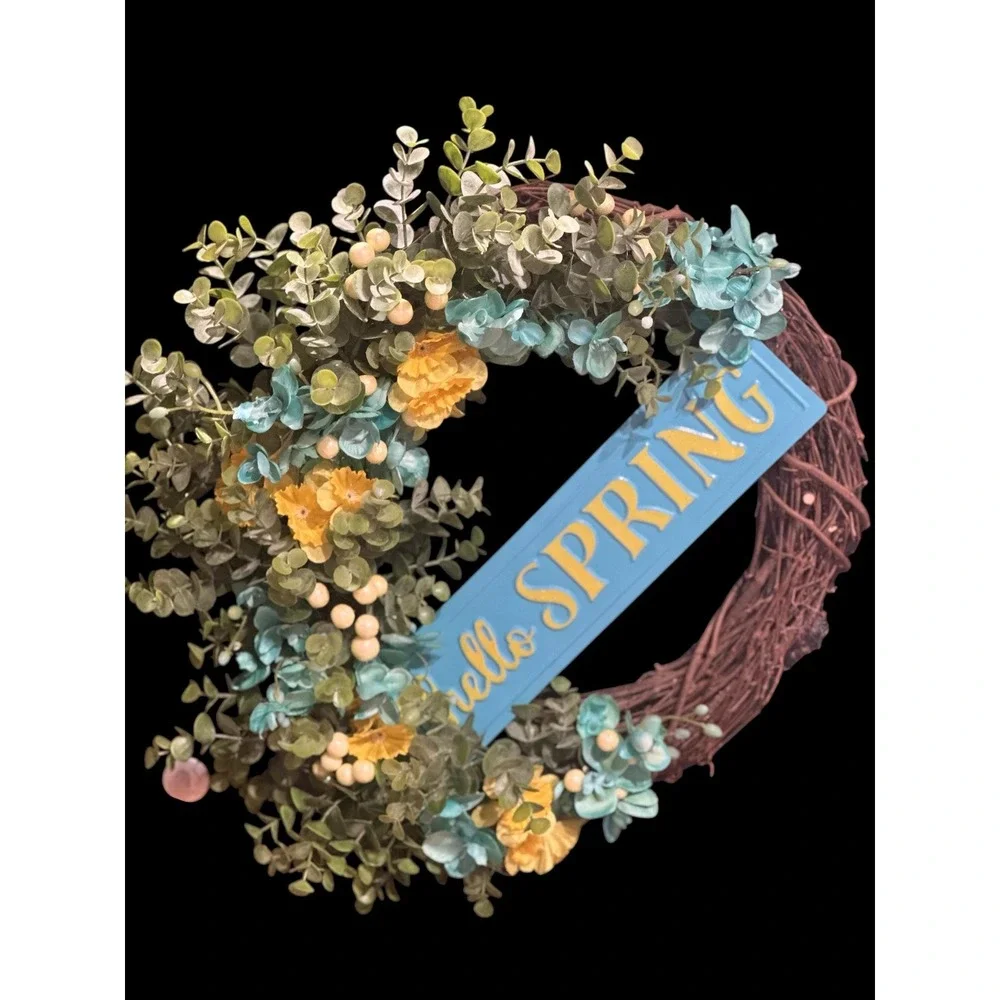 Colorful Spring Wreath; Faux Floral Door Accent; Turquoise and Yellow Wreath